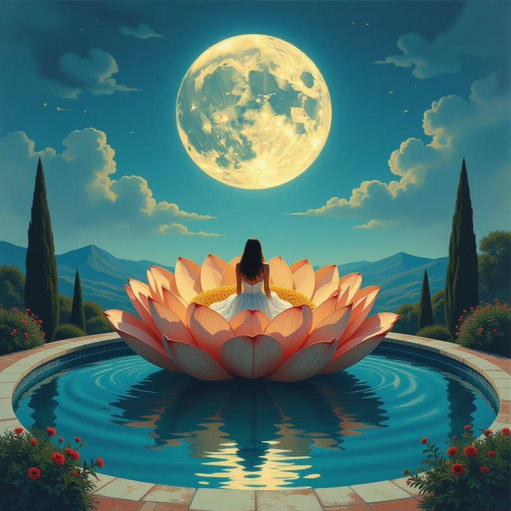 Surreal Woman on Giant Flower Pond Under Full Moon