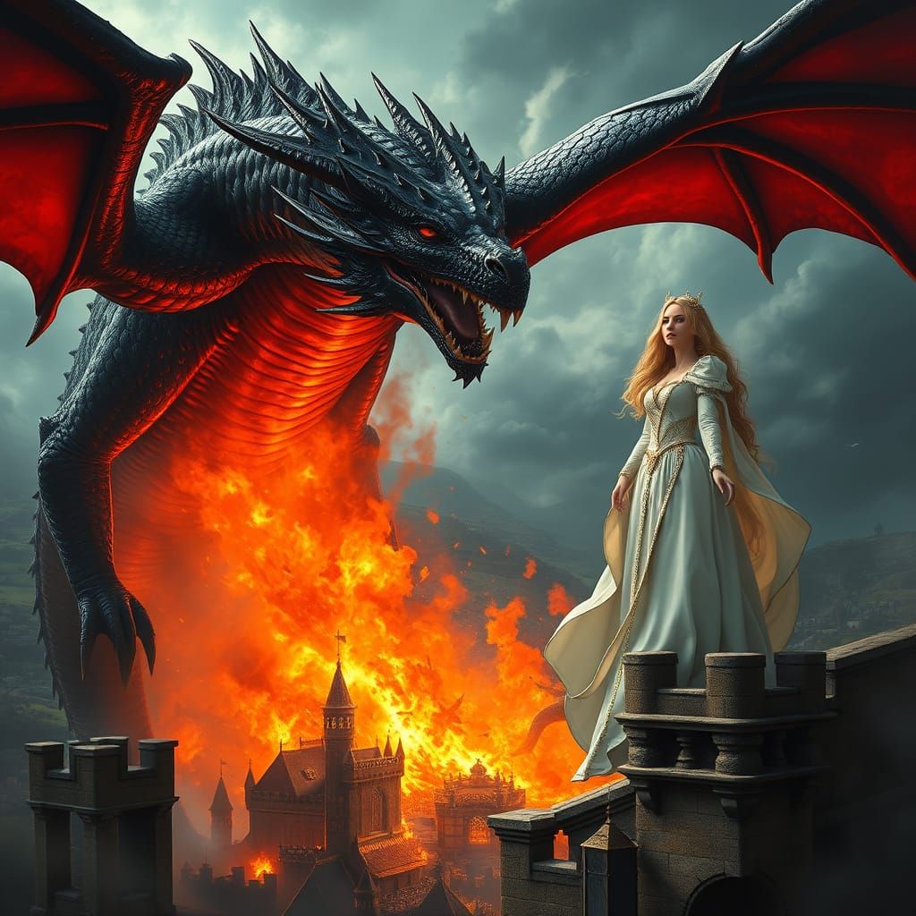 Dragon Soars Over Castle, Engulfing Town in Flames, as Regal...