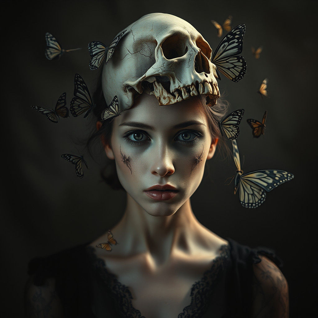 Melancholic Skull Portrait with Butterflies in Digital Art