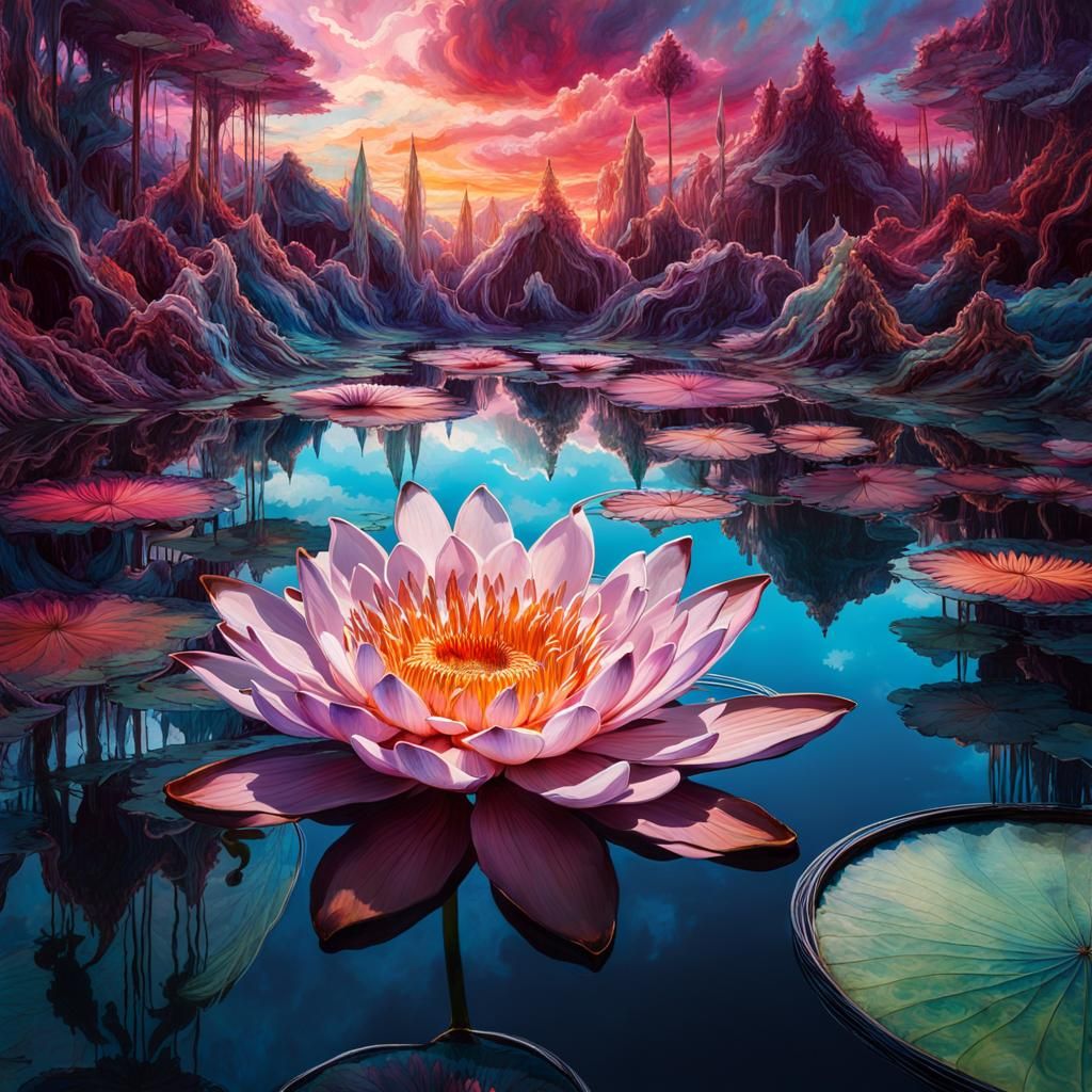 Luminous Rococo Water Lilies Reflecting Surreal Clouds