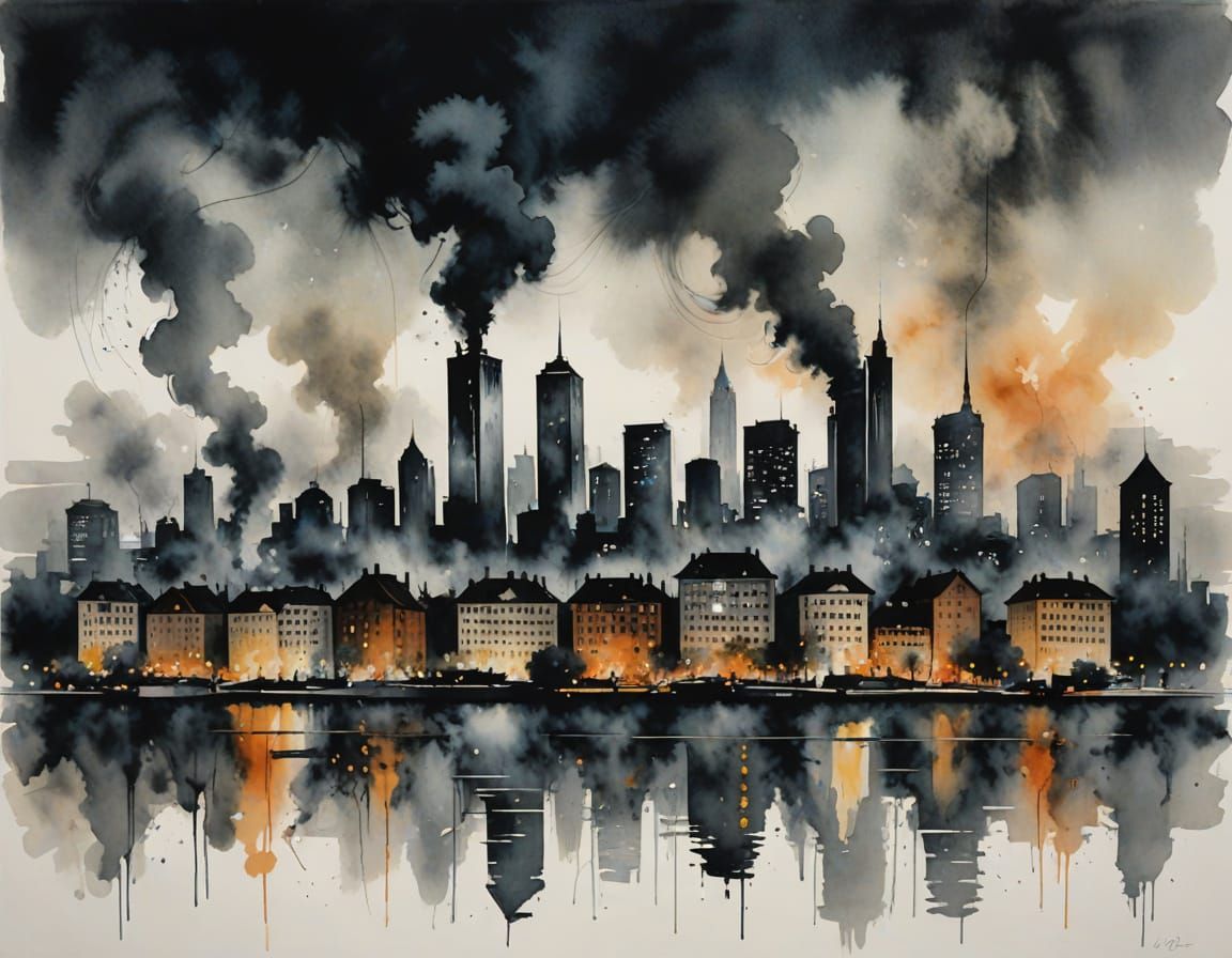 Velvet Smoke Cityscape in Charcoal Aquarelle Style