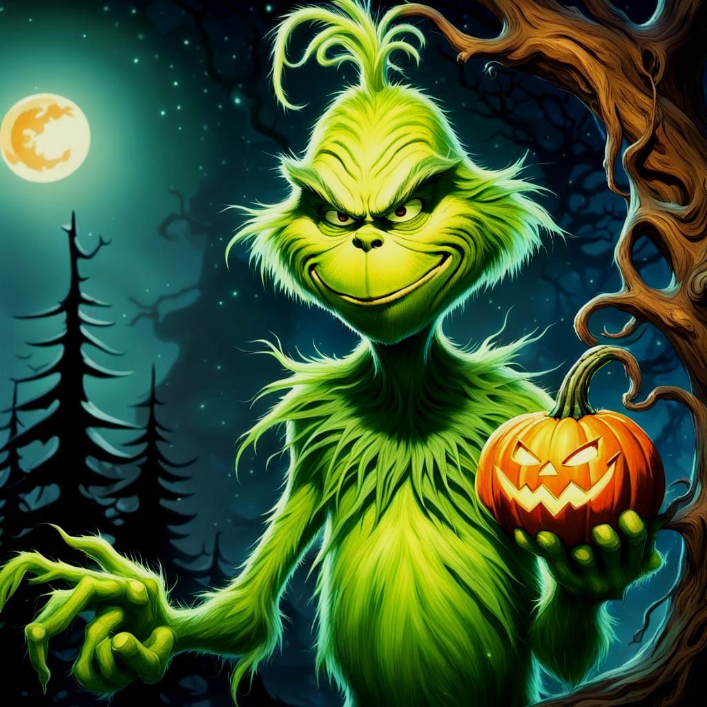 Grinch with Pumpkin: Detailed Fantasy Concept Art