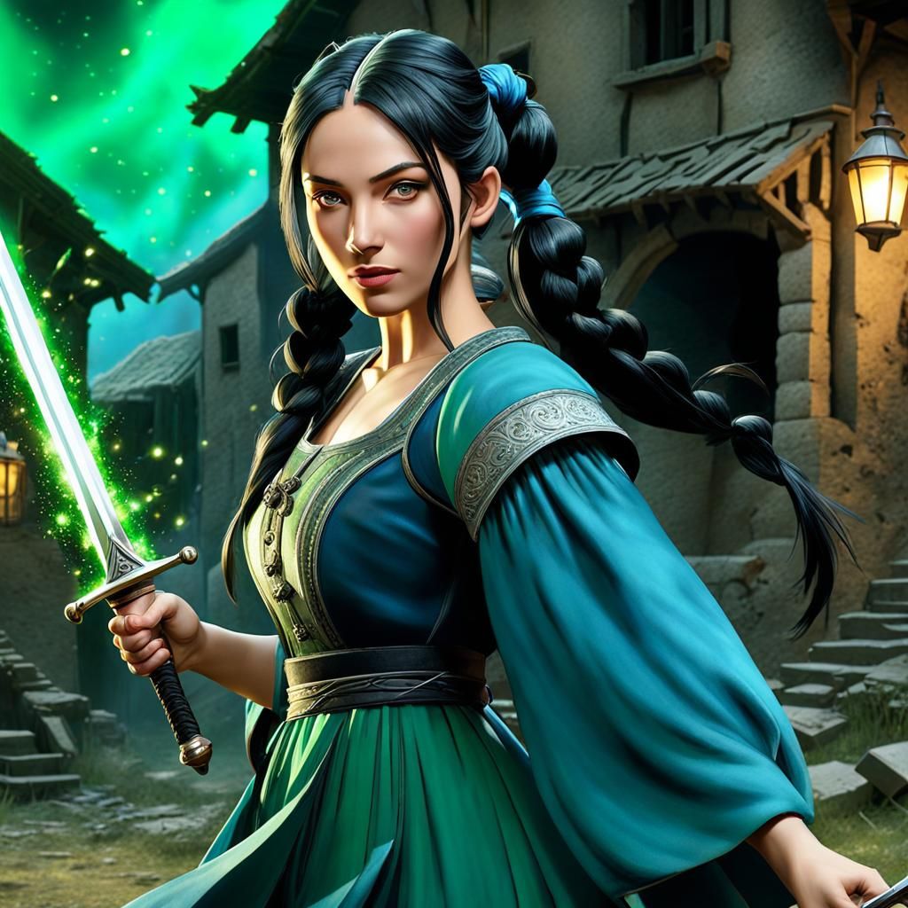 Fantasy Warrior Girl with Sword in Ruined Village