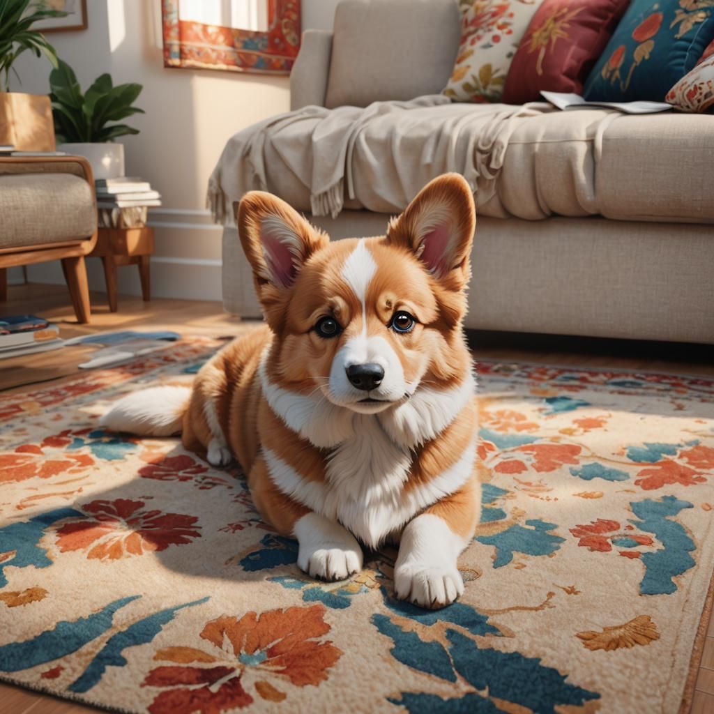 Fluffy Corgi Puppy Portrait in Hyperdetailed Lighting