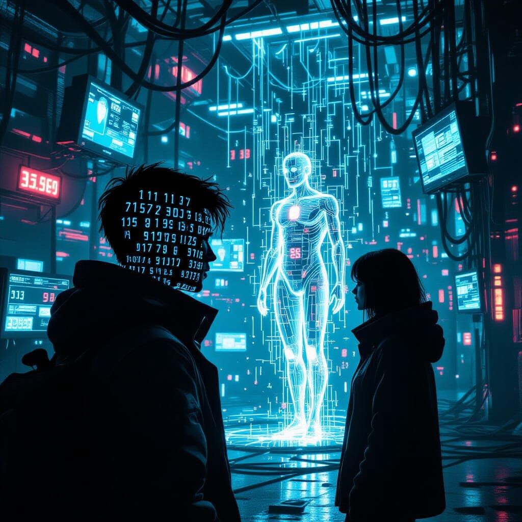 Cyberpunk Figure Dissolving into Digital Network