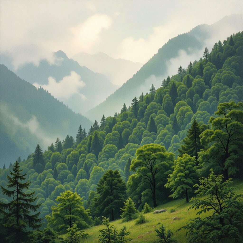Lush Mountain Trees in Atmospheric Rain