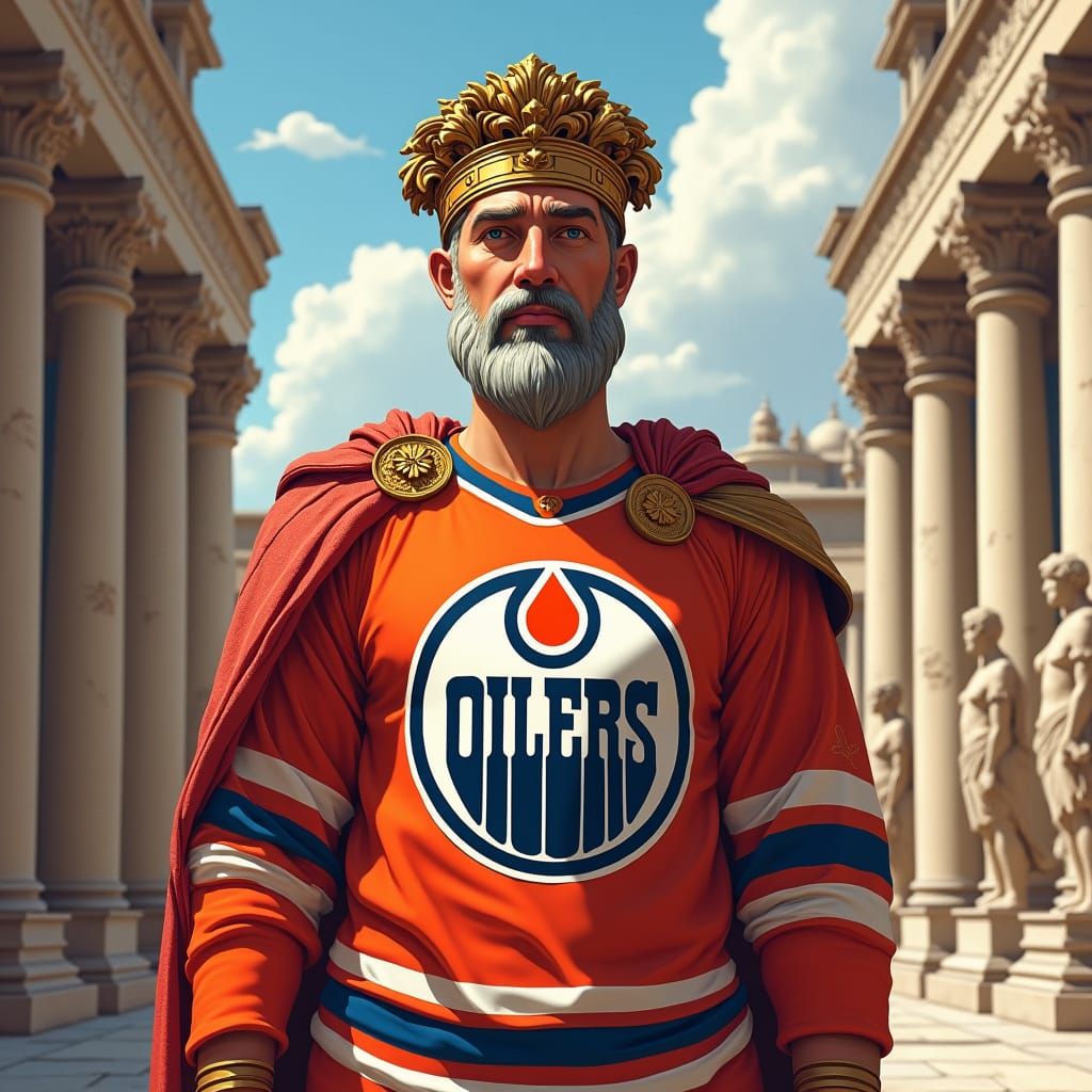 Augustus in Oilers Jersey in Futuristic Roman Setting