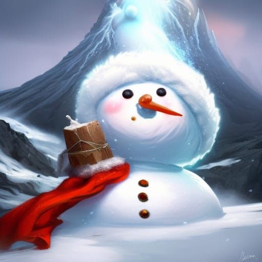 Chibi Snowman Melts in Volcano: Dark Fantasy Art