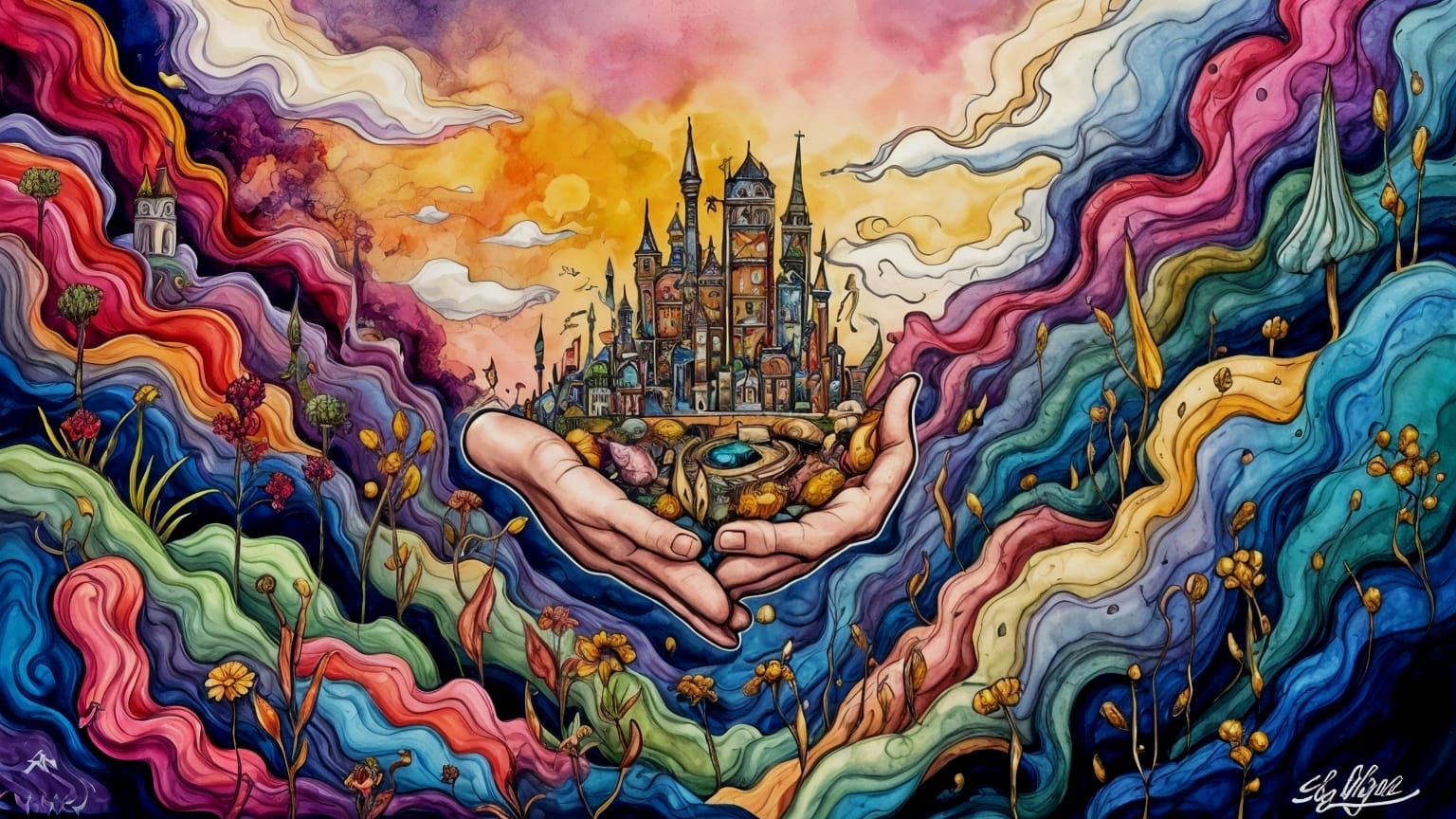 Hands Cradle Surreal City in Alcohol Ink Style