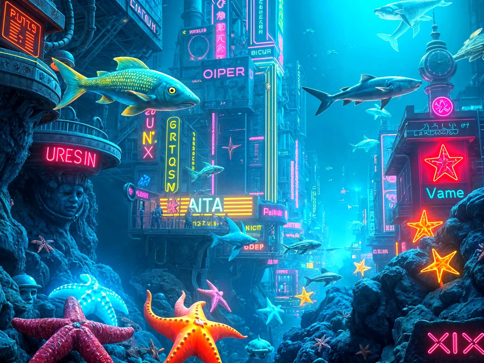 Hypercyberpunk Undersea City Amidst Bioluminescent Sea Life