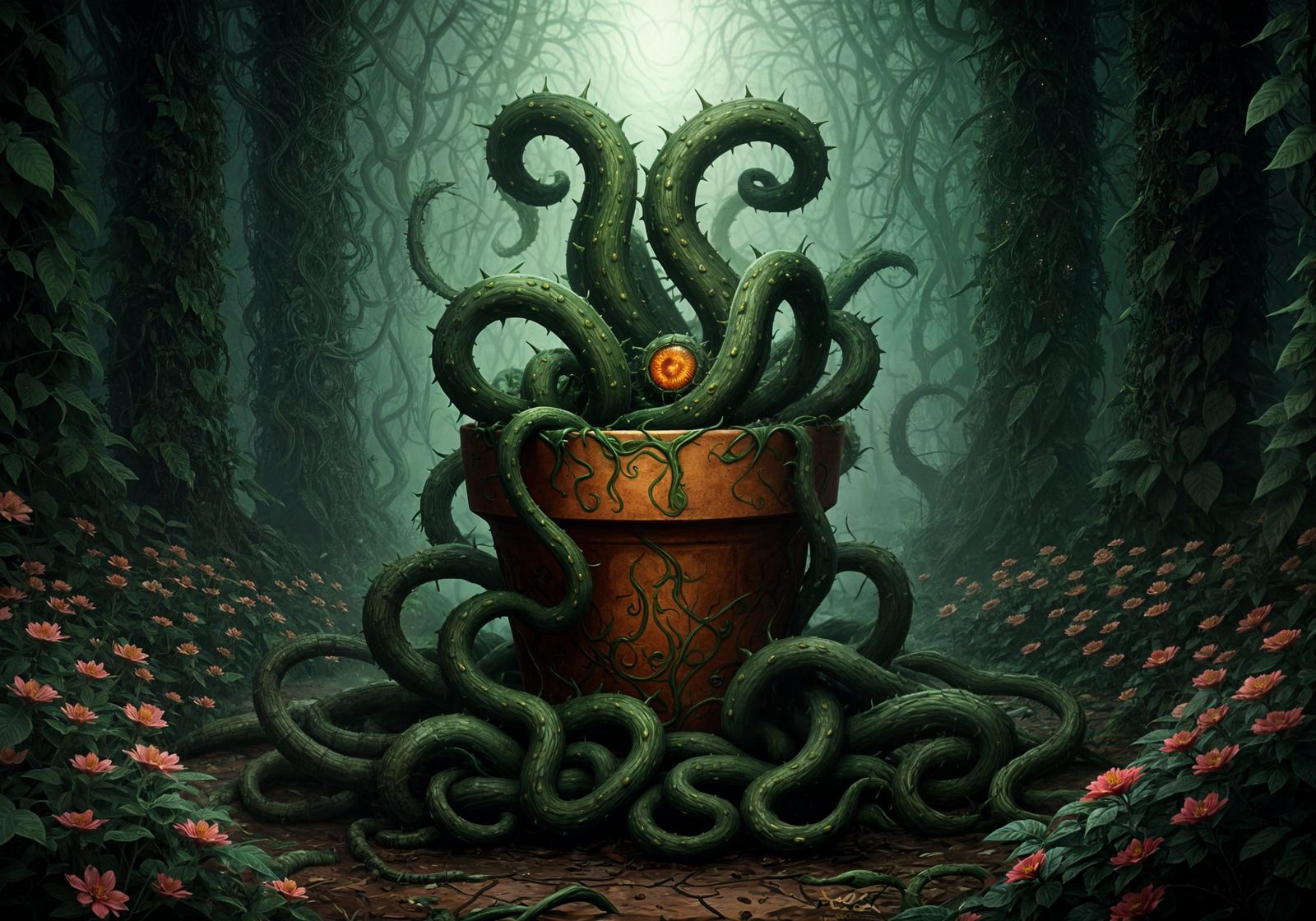 Lovecraftian Plant Creature in Overgrown Garden