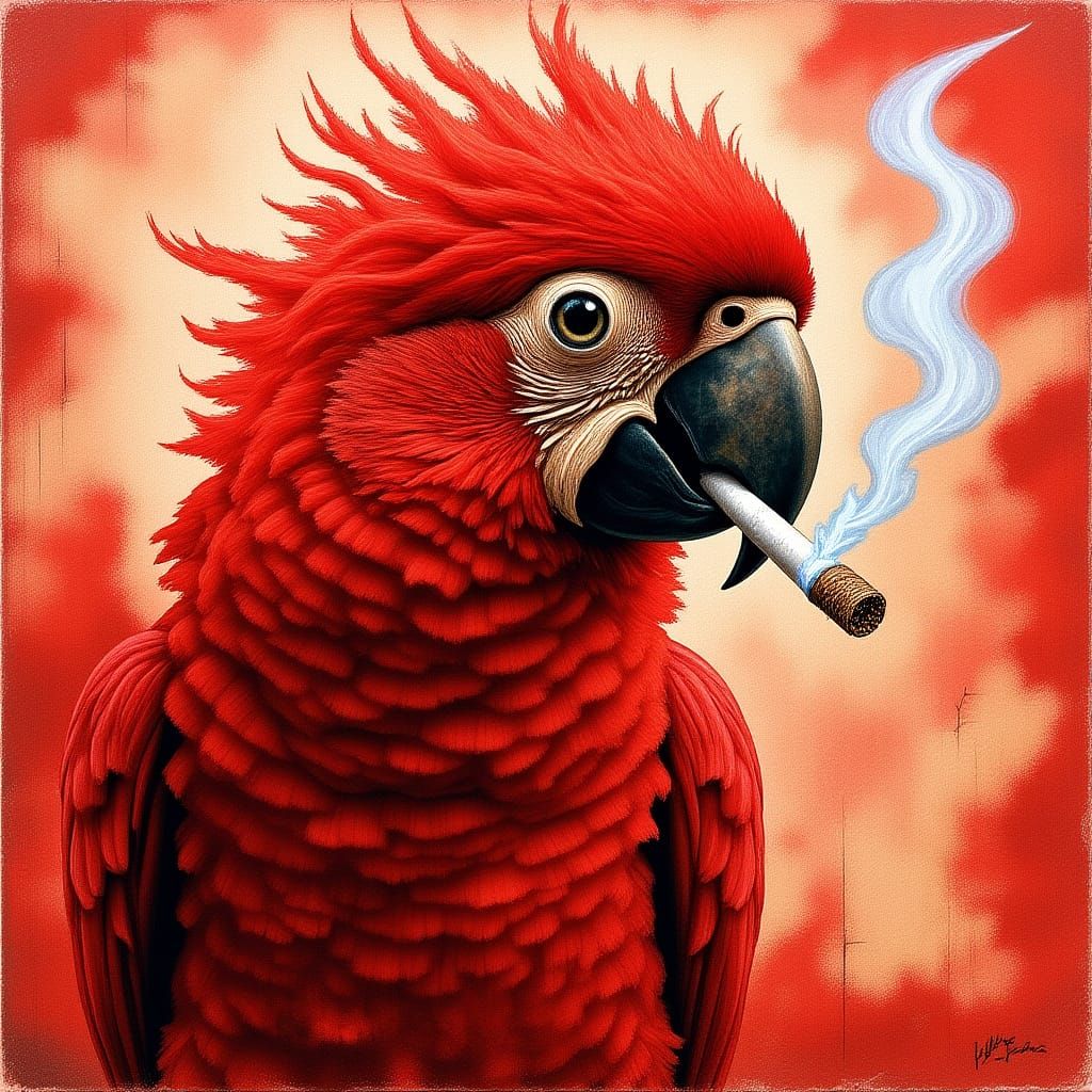 Parisian Parrot Smoking: Monotype Printmaking Style