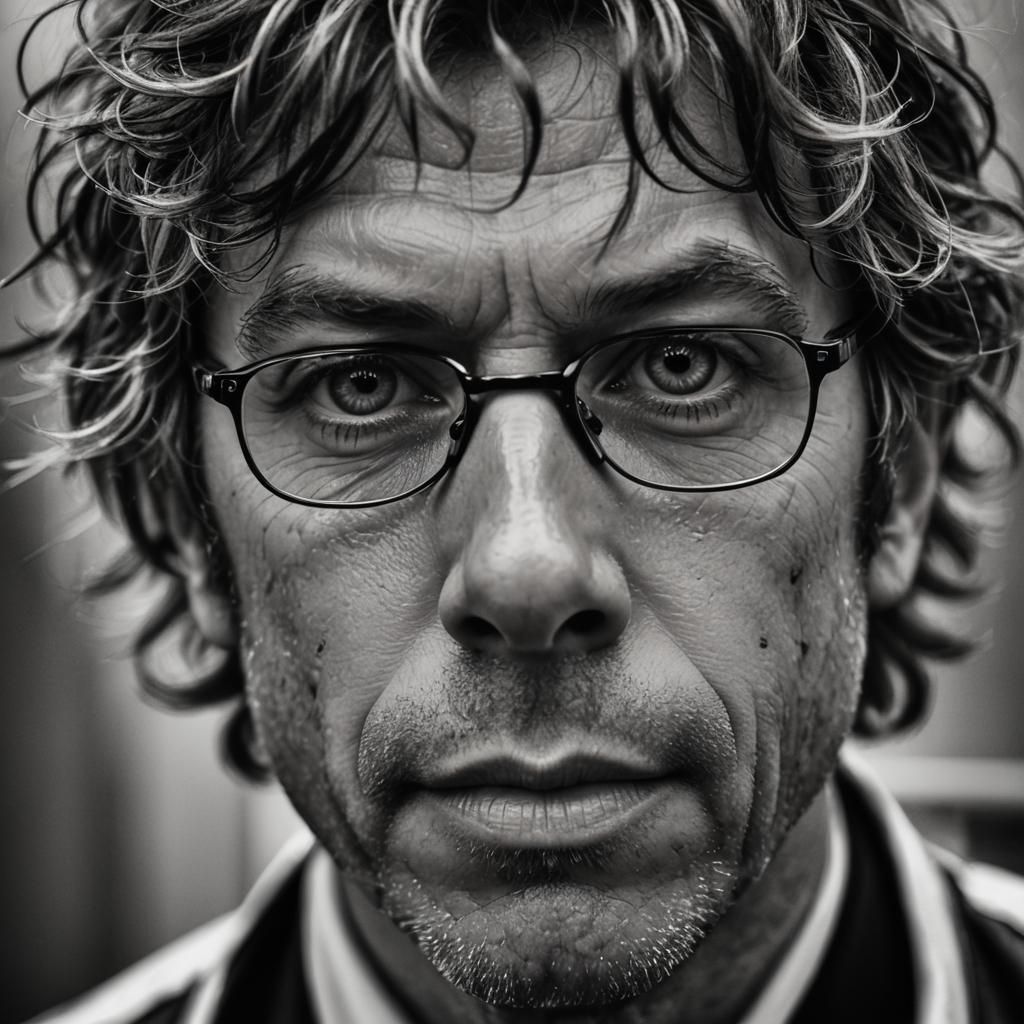"grainy Black and white Close up head portrait photograph of ( Jonathan Franzen) wearing wet black and white (latex: 2.0...