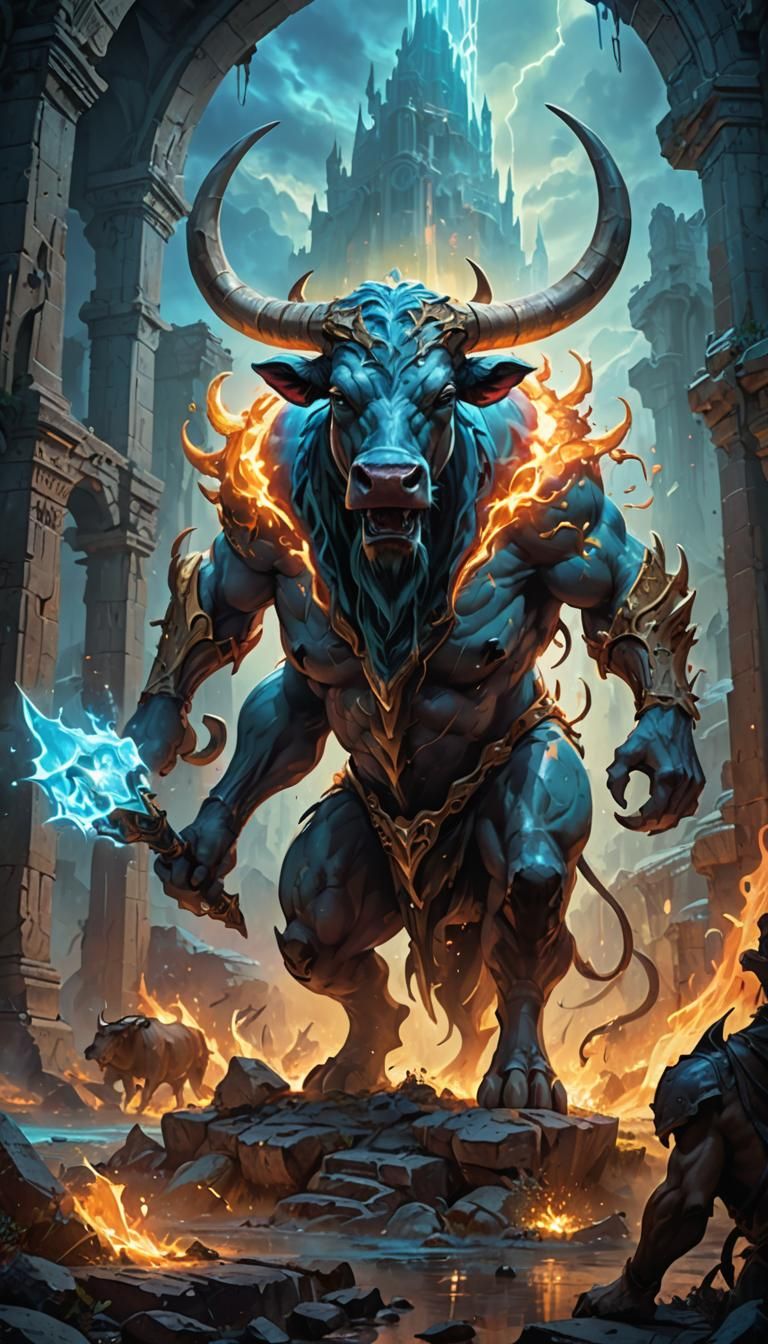 Epic Bovine Monster Battle in Mystical Ruins