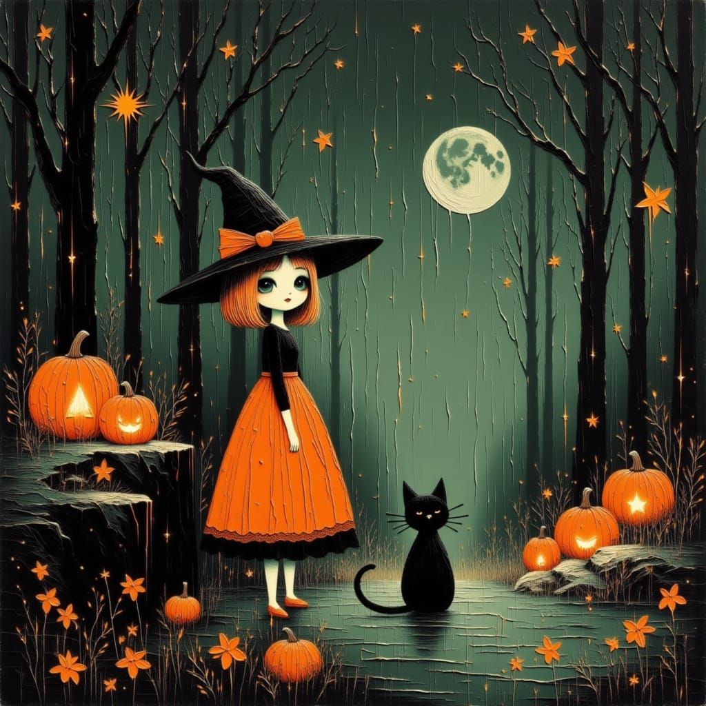 Halloween Pumpkin Witch in Spooky Forest