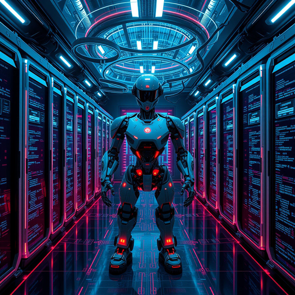 Futuristic Laboratory with Robotic Model in Neon Style