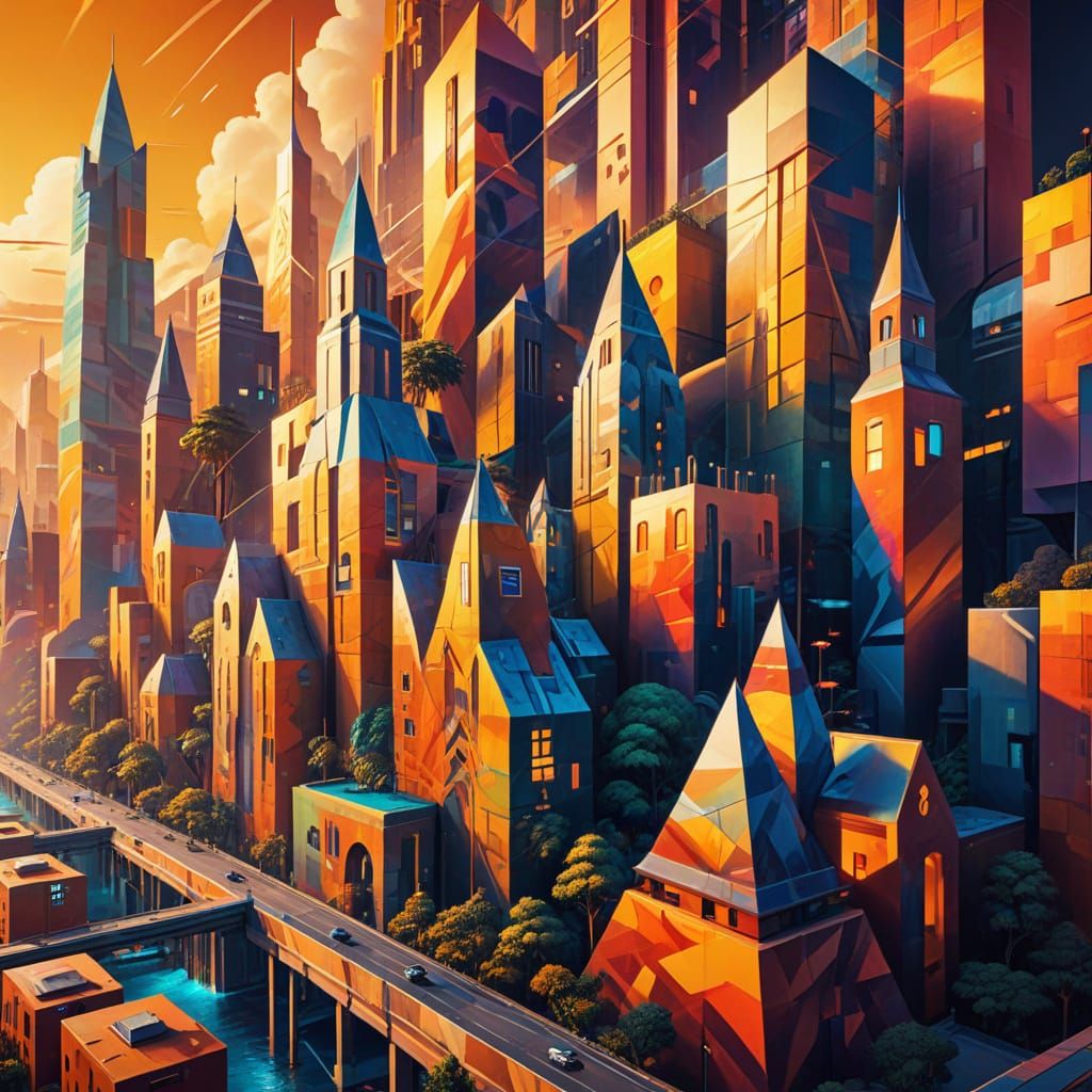 Futuristic Cityscape in Geometric Fauvism Style