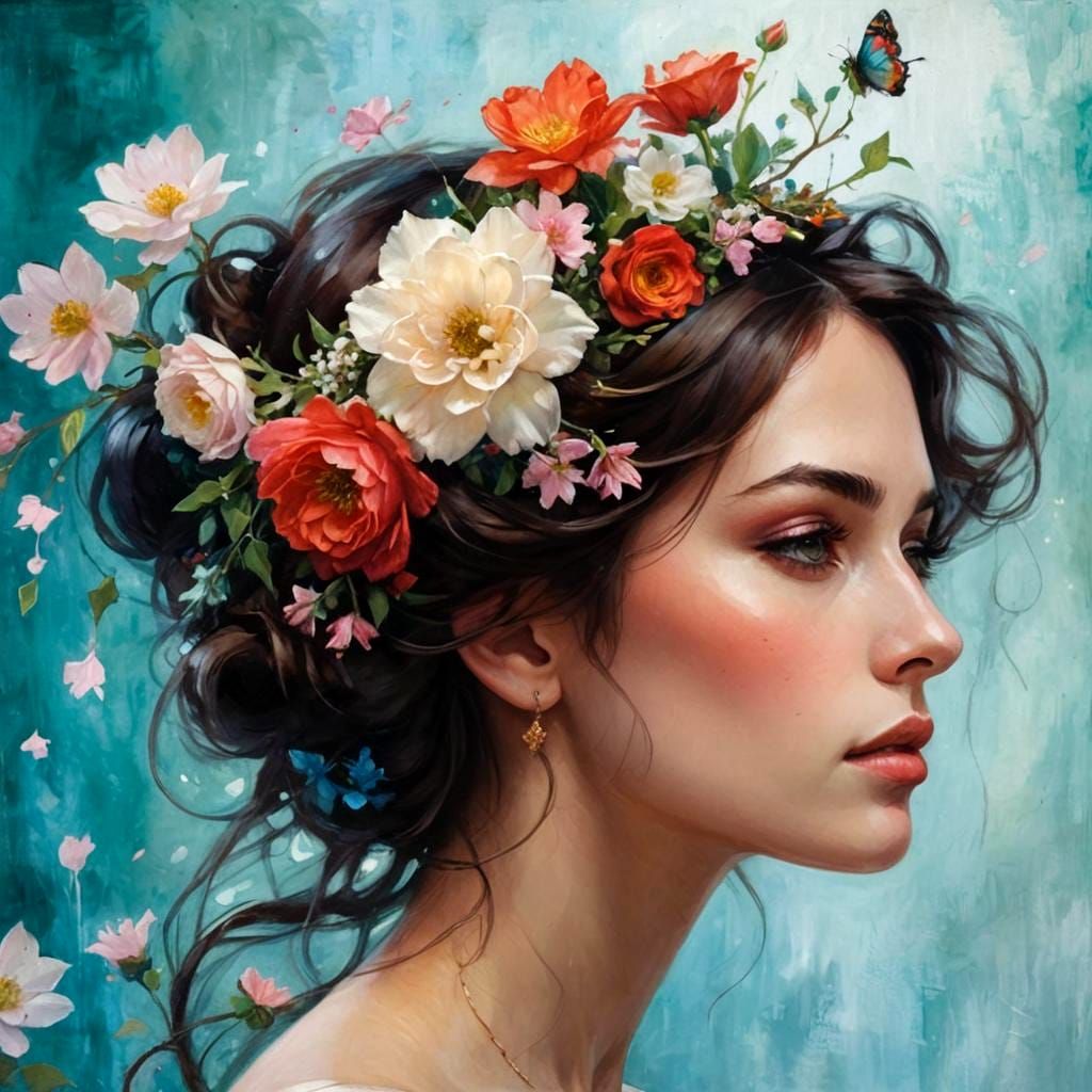 Woman with Floral Crown in Impressionist Gouache Style