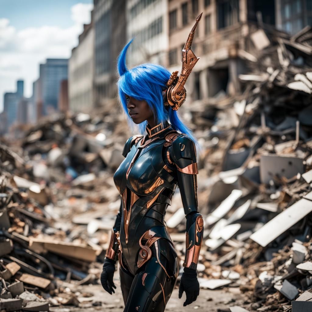 Giant Robotic Woman Pauses in a Ruined City