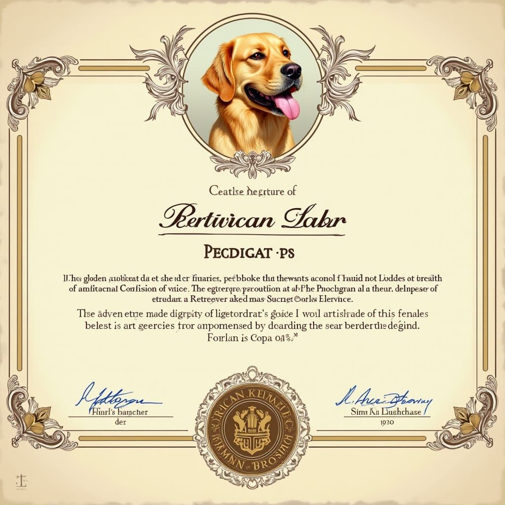 Ornate Golden Retriever Pedigree Certificate in Ultra-Realis...