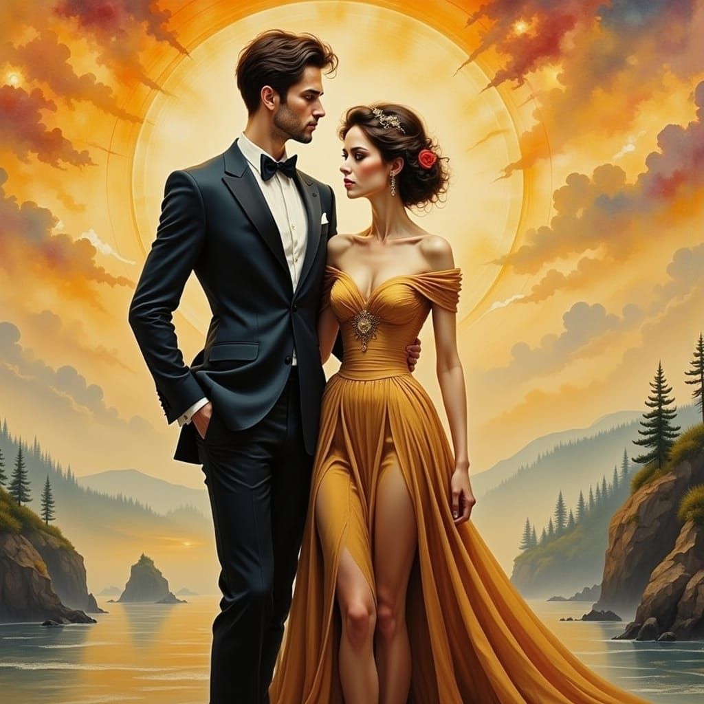 Elegant Couple at Sunset in Fragonard Style