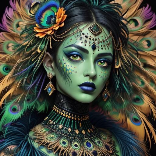 Golden Woman with Peacock Feathers in Abstract Expressionism