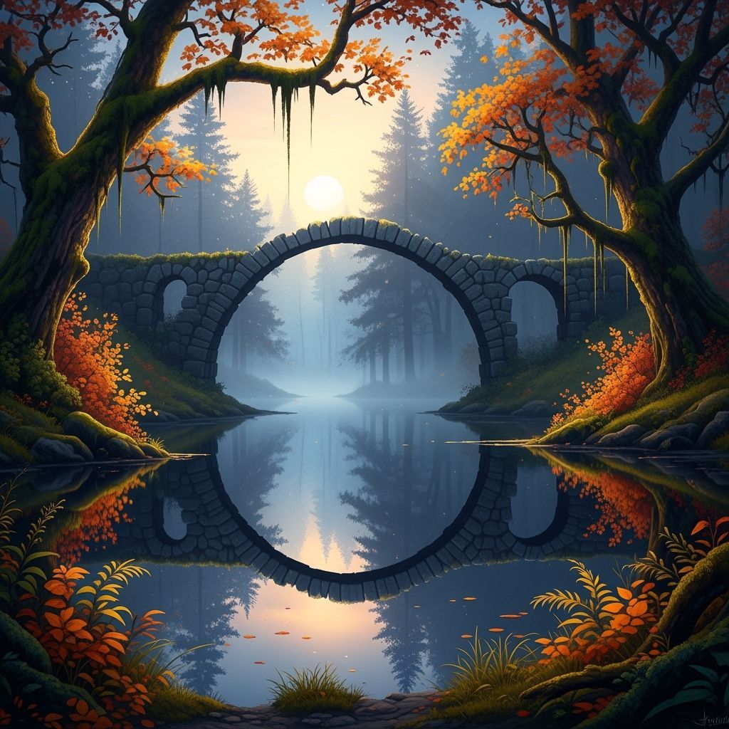 Mystical Rakotzbrücke Bridge at Twilight in Autumn