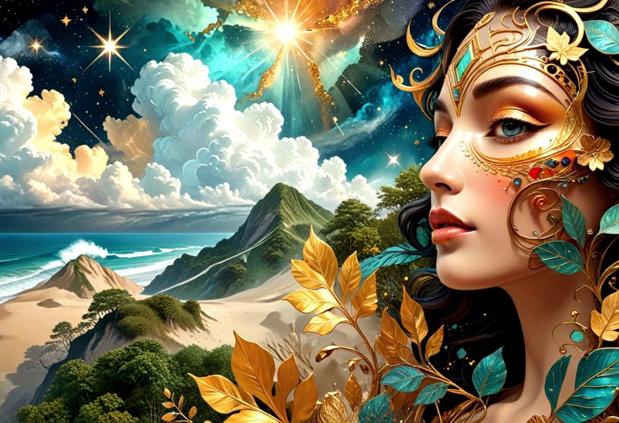 Art Deco Face Portrait with Landscapes Collage