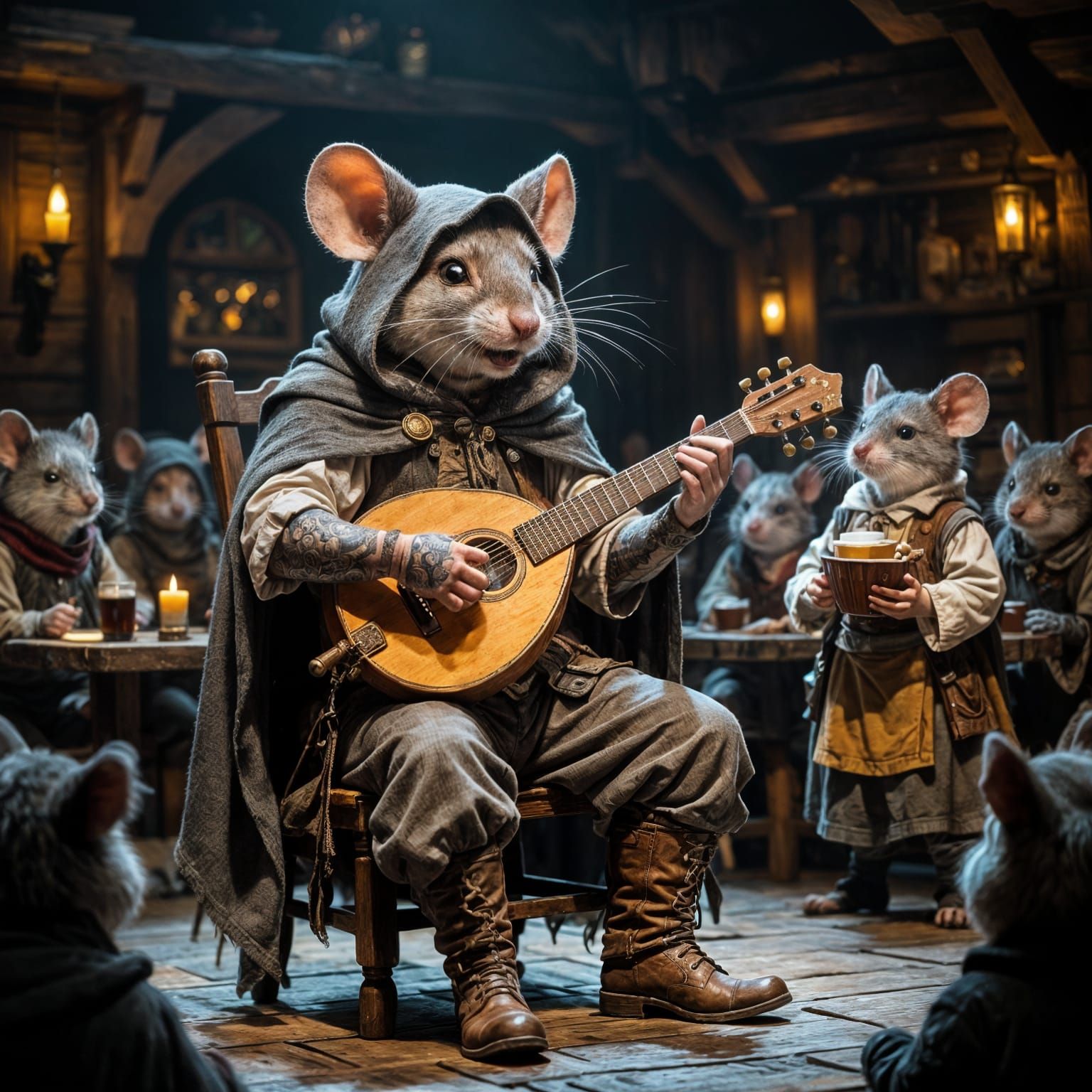 Mouse Bard Sings Ballad in Medieval Tavern
