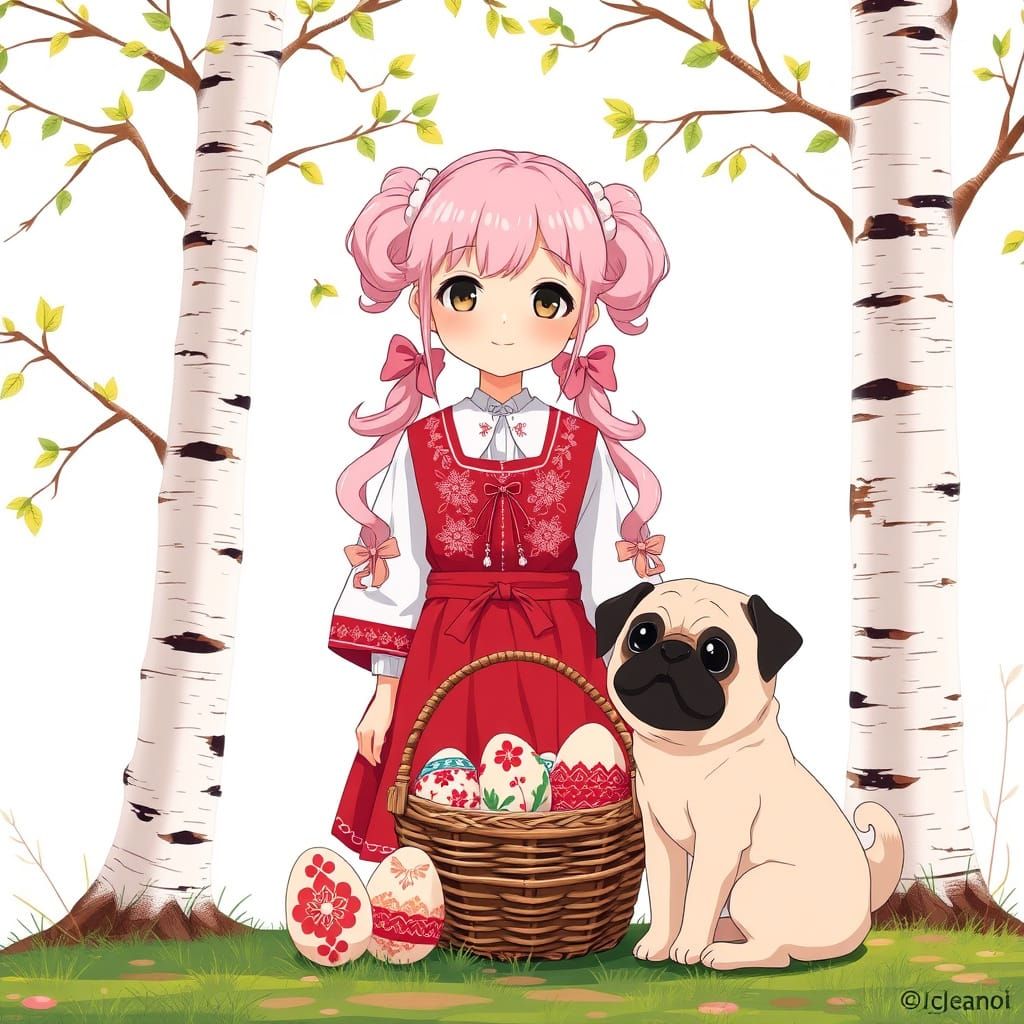Anime Girl in Russian Folk Costume Amidst Nature