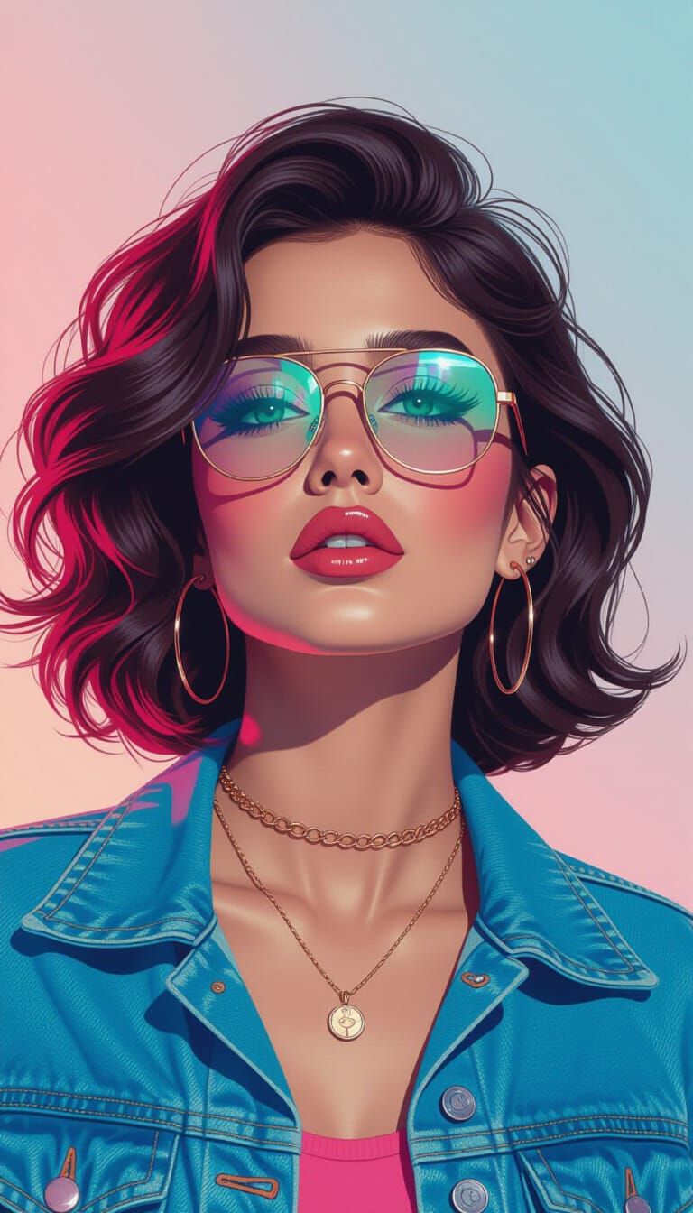 80s Woman with Neon Glasses in Vaporwave Style
