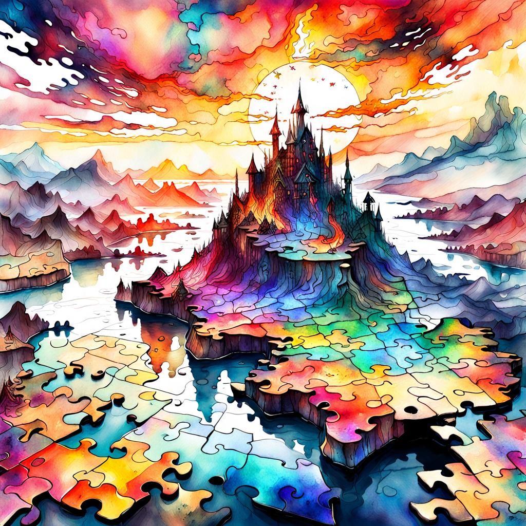 Colorful World Map Puzzle in Digital Watercolor
