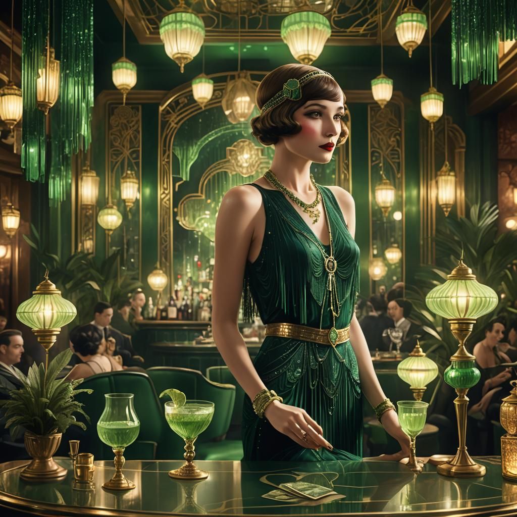 Art Deco Flapper Girl in Luxurious Green Bar