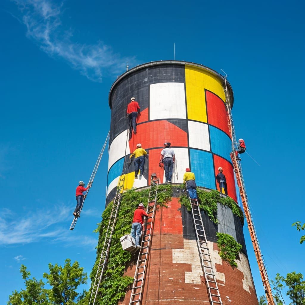 Piet Mondrian-Inspired Mural of a Cooling Tower