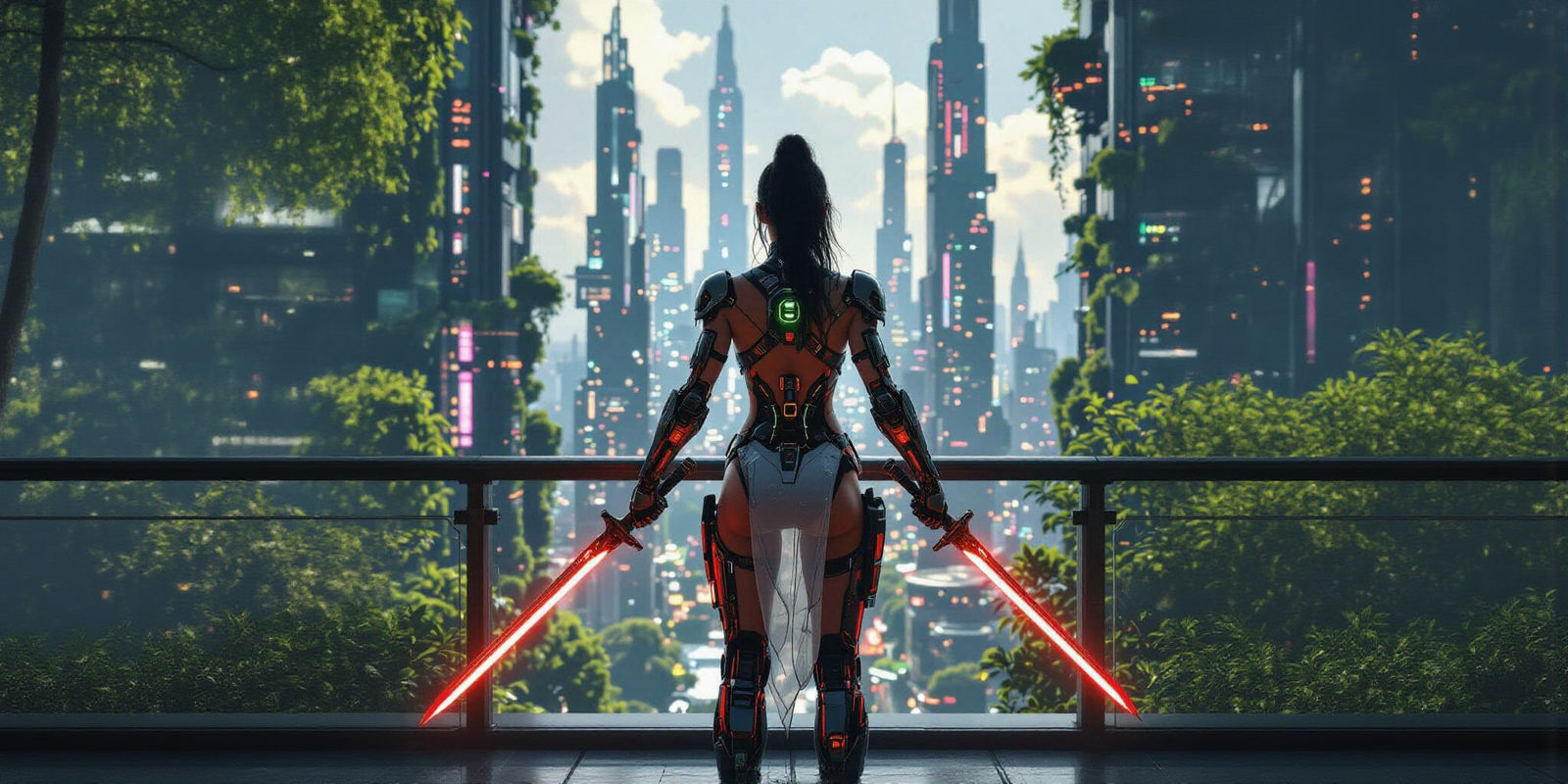 Cyberpunk Solarpunk Warrior with Glowing Swords