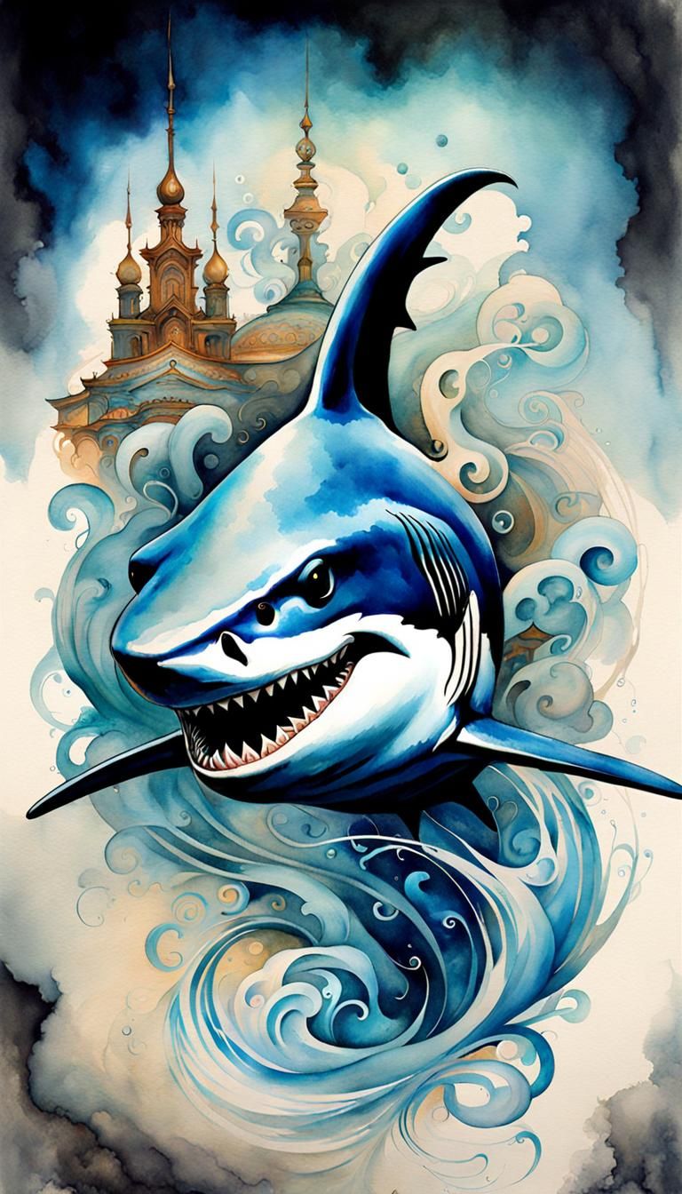 Smokey Shark Tribal Tattoo in Watercolor