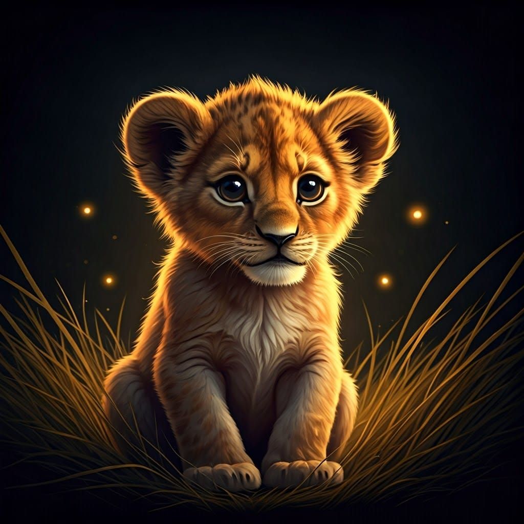 Adorable Lion Cub with Fireflies: Animated Style