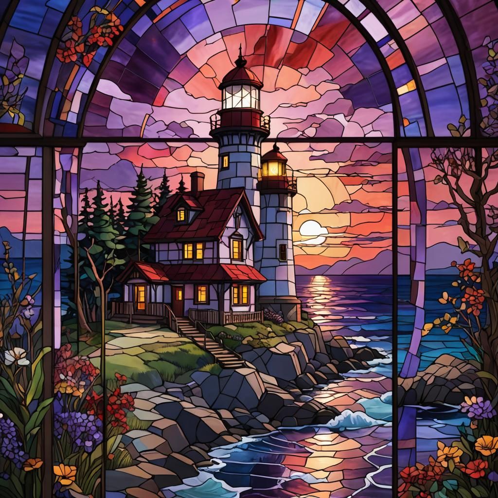 Coastal Lighthouse and Cabin in Stained Glass