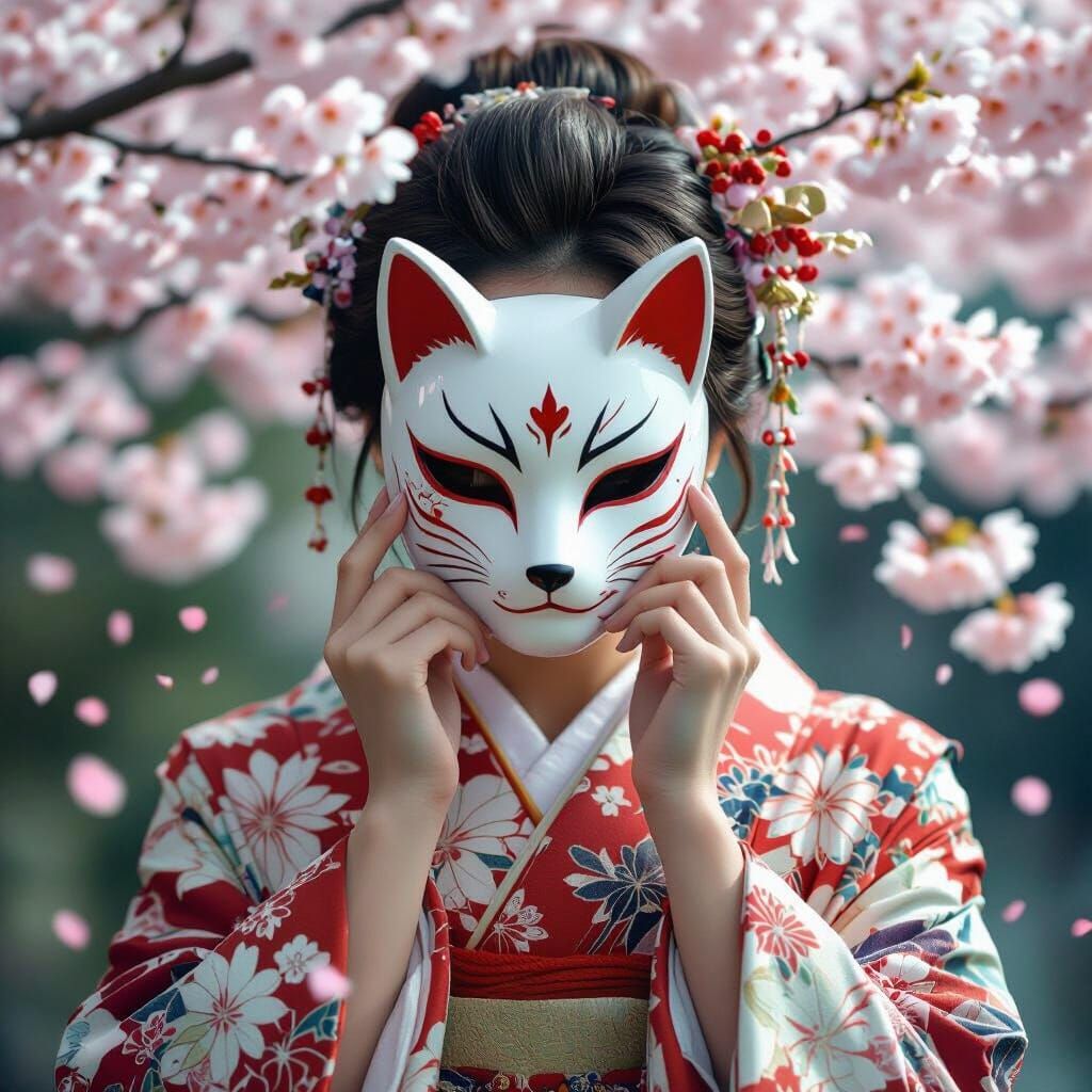 Woman with Kitsune Mask in Anime Style