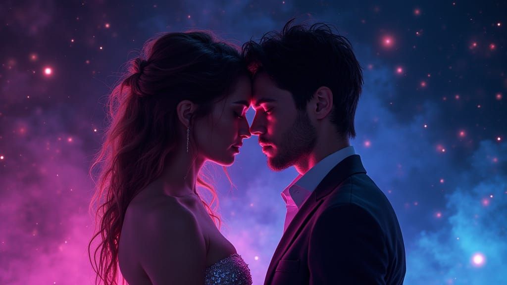 Soulmates in Cosmic Harmony, Illuminated by Neon Waves