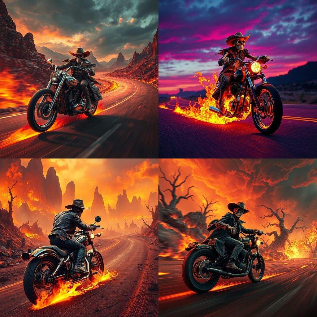 Cyberpunk Skeleton Rider Blazes Down Fiery Highway