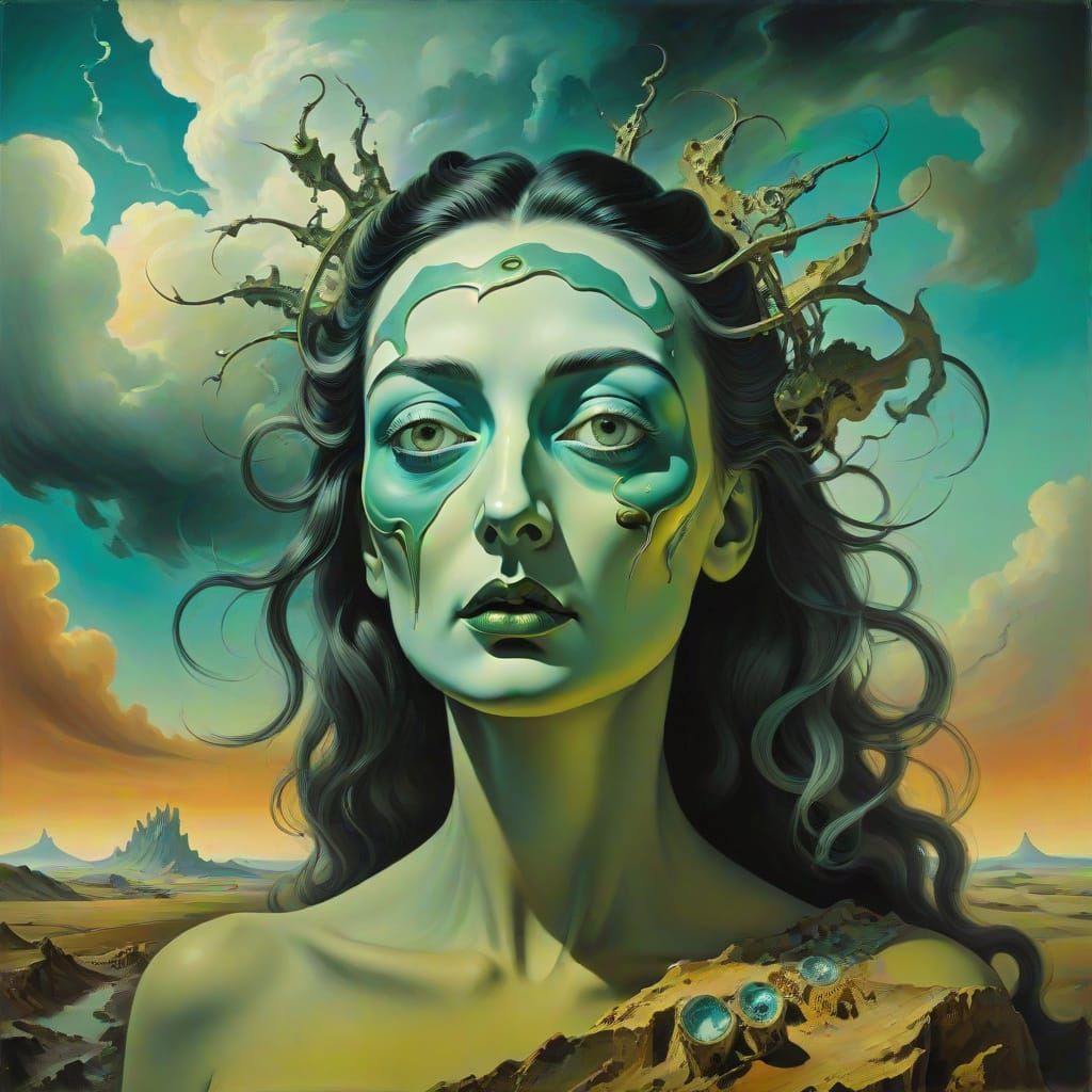 Goddess of Fate in Nuclear Wasteland, in Surrealist Oil Pain...
