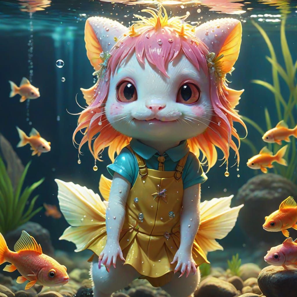 Axolotl in Vibrant Catgirl Costume Saves Joyful Goldfish