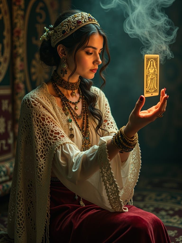 Romani Fortune Teller Contemplates Tarot Card