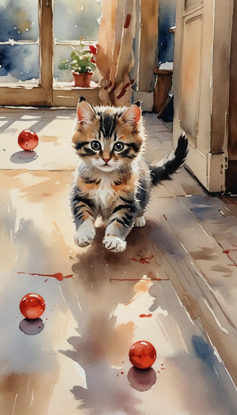 Playful Kitten Chasing Ball: Whimsical Watercolor Painting