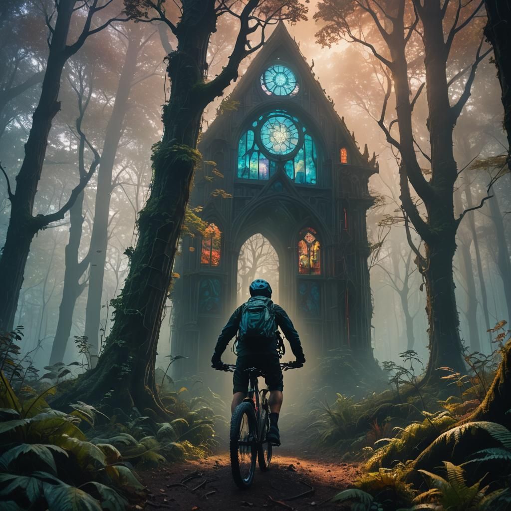 Eerie Dystopian Cyclist in Mystical Forest