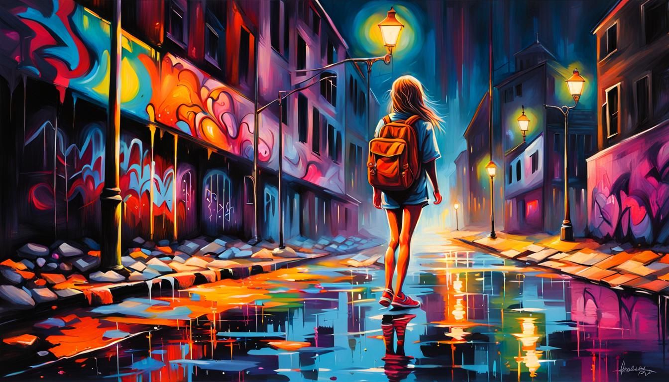 Barefoot Girl in Graffiti Street Art at Night