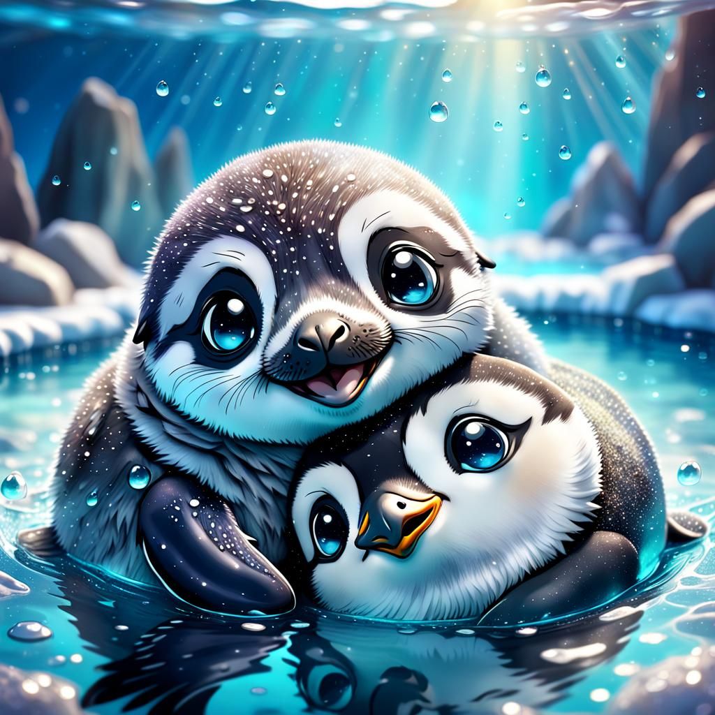 Adorable Chibi Seal and Penguin Hug in 3D
