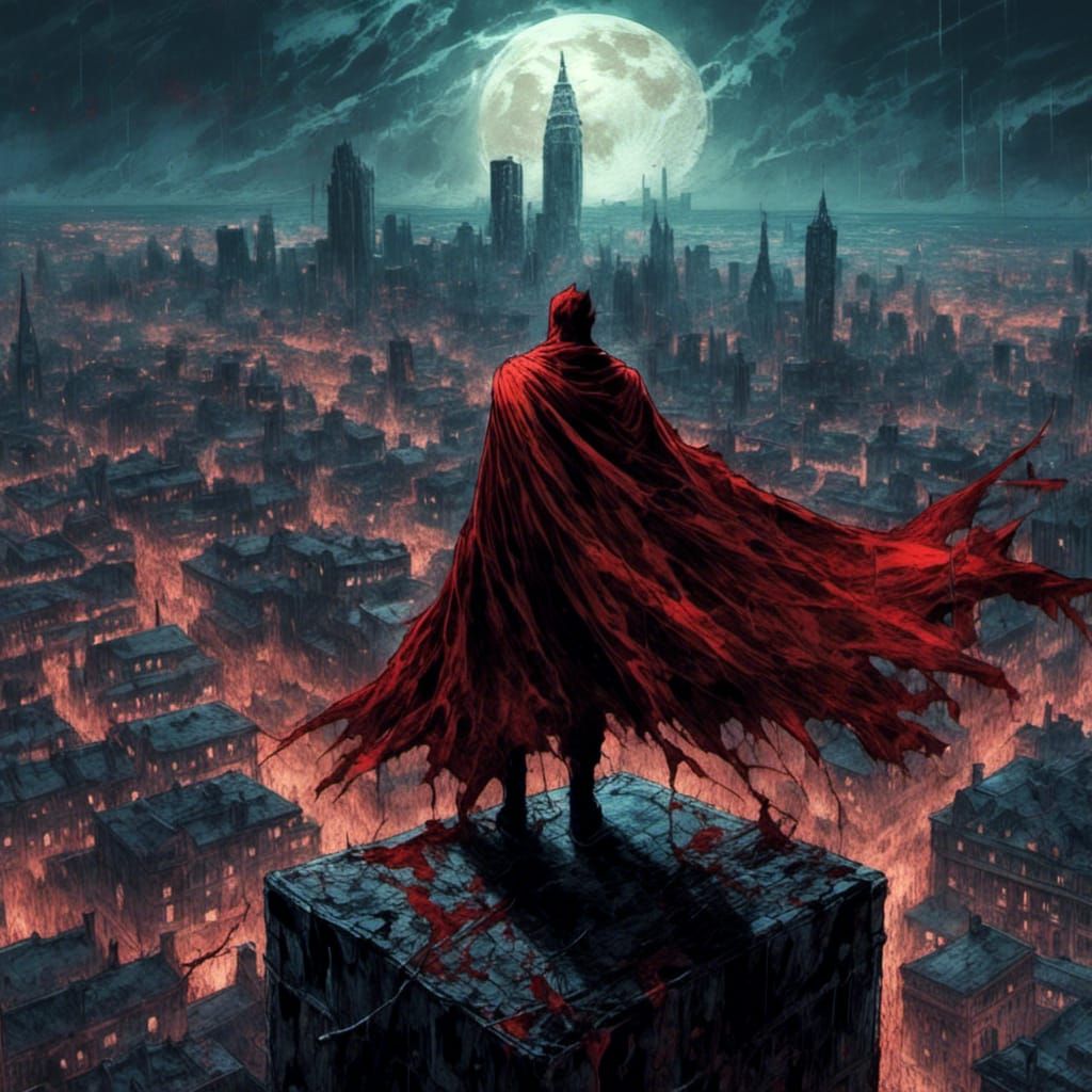 Dark Superhero Watches Over City in Comic Book Art