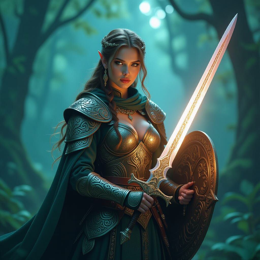 Female Cleric in Mystical Forest with Celtic Armor